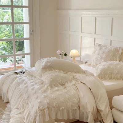 Bedding Set Jacquard Embroidery Flowers Lace Duvet Cover Bed Sheet 2 Pillowslips - Image 1 of 4