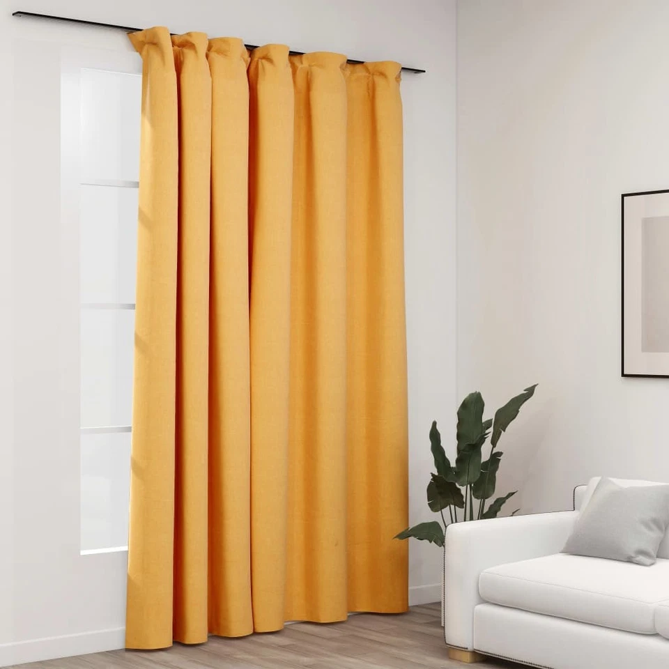 Blackout Curtain Yellow 100% Polyester Linen-Look 290x245 cm with Hooks - Image 1 of 4
