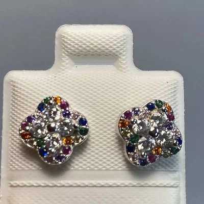New Brand 925 Sterling Silver Flower Multicolor Cz Stud /butterfly Earrings. - Image 1 of 4