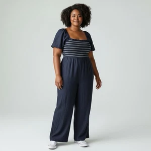 Tuta Chambray Draper James Smocked blu scuro denim pezzo unico nuova con etichetta taglia XXL - Foto 1 di 4