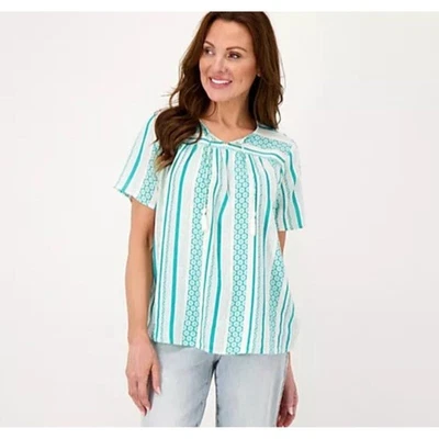 Blusa Denim & Co. Naturals tamanho M mistura de linho manga curta boho verde água A500891 - Imagem 1 de 4