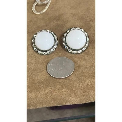 Vintage White Milk Glass Stone and Crystal Clip On Earrings - image 1 of 4