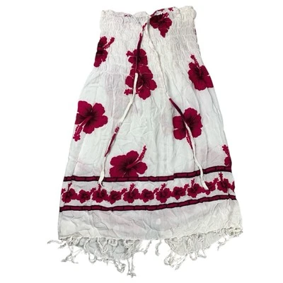 Swimsuit Coverup Pool Beach Dress Pullover Strapless Hibiscus Floral White Red - Image 1 of 4