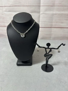 Pandora Sterling Silver Blue Enamel Pansy Flower Pendant Necklace & Earrings - Picture 1 of 12