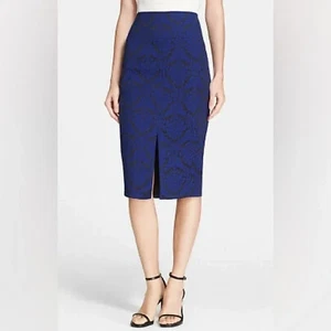TED BAKER Blue Black Floral Damask Print Jacquard Midi Pencil Lryss Skirt 1 = 4 - Picture 1 of 8