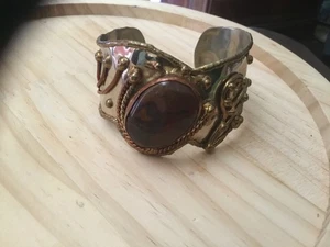 Vintage Achat Brutalist Stil Silber Platte/Messing/Kupfer Manschette Armband Handwerker - Bild 1 von 5
