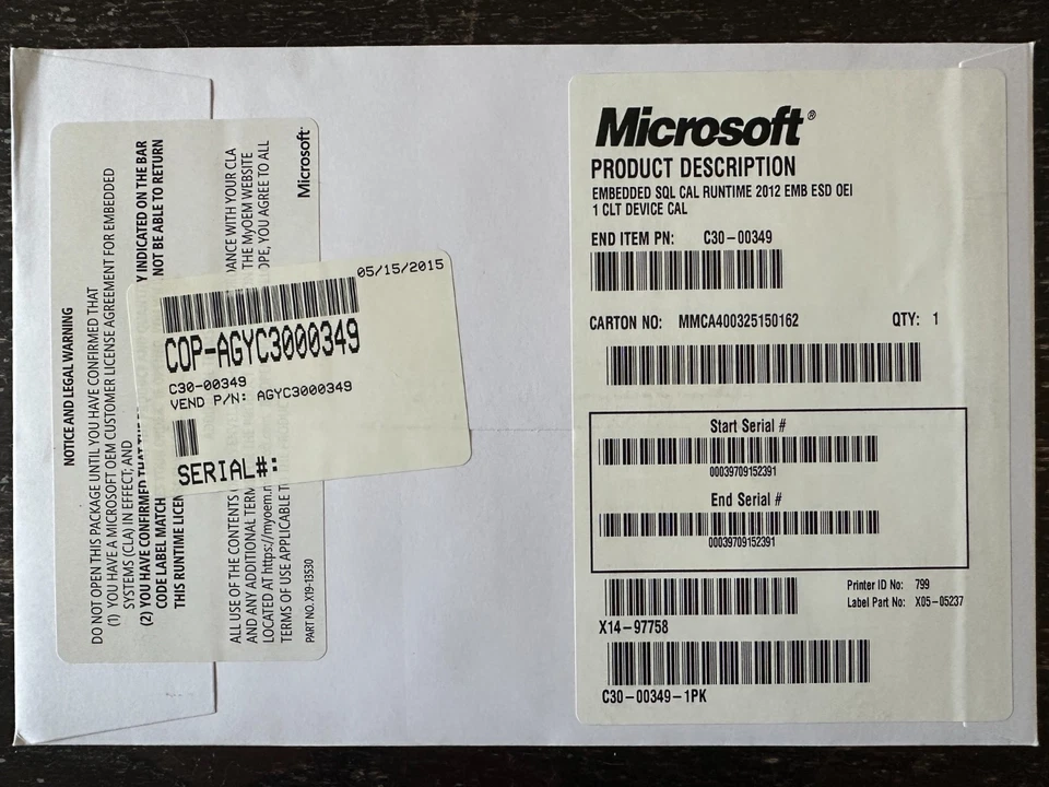 Microsoft SQL Cal Runtime 2012 EMB 1 CLT Device Key Only - Image 1 of 1