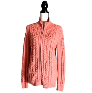 LL Bean Strickjacke Pullover Damen M Koralle Grobstrick Zopfmuster Full Zip Fischer - Bild 1 von 13