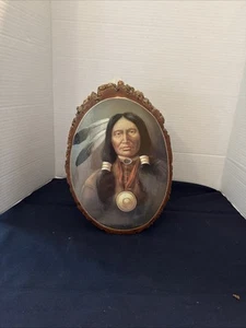 INDIAN CHIEF HEAD WARRIOR Cut Wood Slice Plaque Lake George NY Souvenir - Picture 1 of 7
