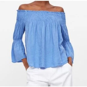 Zara 100% Linen Off Shoulder Top Blue Size M Puff Bell Sleeve Boho Peasant - Picture 1 of 7