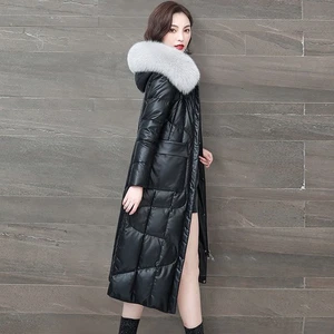 Chaqueta de plumón de cuero genuino para mujer con cuello de piel de zorro delgada hasta la rodilla chaquetas gruesas - Imagen 1 de 27