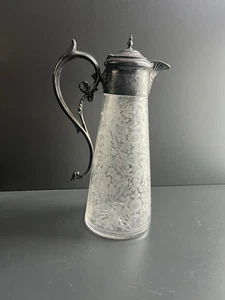 Ancien aiguière Art Nouveau Cristal Gravé Argenté  - Photo 1/14