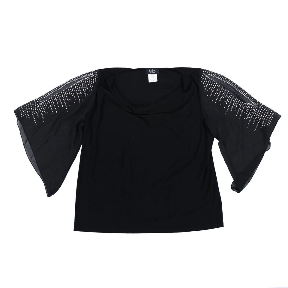 MSK Women's Blouse Plus Size Drape-Neck Beaded Top Sparkly Chiffon Black 1X