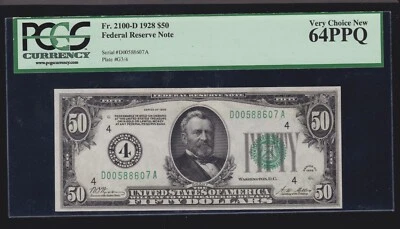 US 1928 $50 FRN Cleveland Numeric '4'  FR 2100-D PCGS 64 PPQ V Ch CU (607) - Image 1 of 2