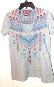 size S JOHHNY WAS embroidered Western boho v-neck gray t-shirt top Cotton shirt - Picture 1 of 7
