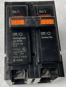 Westinghouse BR260 2 POLE 60 A 120V CIRCUIT BREAKER Type BR HACR Cu/Al Electic - Picture 1 of 5