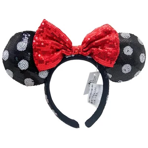 White Polka Dot Sequin Disney's Black Minnie Mouse Ears Headband with Red Bowtie - Picture 1 of 9