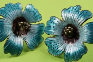 Blue Enamel Flower Earrings Stud Post Scandinavian Norway Denmark 1960s - Picture 1 of 8