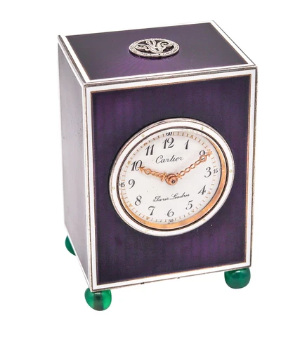 Cartier Paris London 1905 Belle Epoque Enamel Clock 18kt Gold Platinum & Silver Cover
