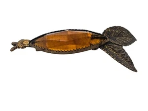 Vintage Czech Faceted Amber Glass Brooch w/ Leaves - Picture 1 of 7