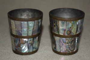 Antique/Vintage Mother Of Pearl Abalone Shells Brass Shot Glass Set of 2 - Picture 1 of 16