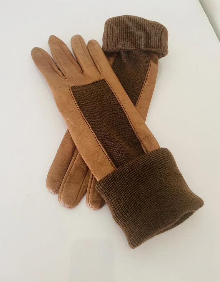 Valentino Couture  Woman's Gloves Tan Leather / Knit Cuff Size 7 Original Box - Image 1 of 4