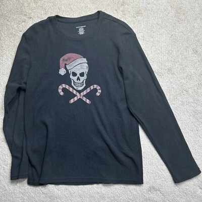 Lucky Brand Sleepwear Shirt Men's Medium Black Skull Candy Canes Waffle Thermal - Image 1 of 4