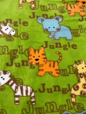 Fabric Lot 3 Yds 32 Ins 58 W Multicolor Jungle Animals Text Green Fleece - Image 1 of 4