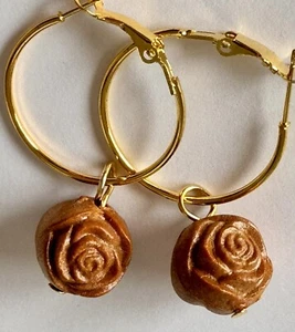 Gold Hoop and Vintage Faux Carved Wooden Rose Bead Earrings. - Picture 1 of 3