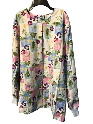 Blusa Médica Landau Para Mujer Talla 1XL Blanca Puño Mangas Largas Floral A Presión Delantera Foto 1 de 4