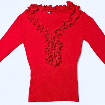 Y2K красный оборки верхний размер S Vila Milano блузка свитер вязаный ребристый зимний праздник - Изображение 1 из 4