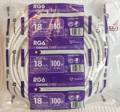 Cable coaxial Southwire 18 AWG RG6 100 pies 18 bobinas blanco TV por satélite o por cable -NUEVO Foto 1 de 4