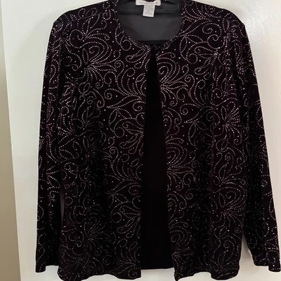 Vntg Notations Jacket Women XL Black Velvet Open Front Lg Slve Pink Sparkle 2fer - Image 1 of 4