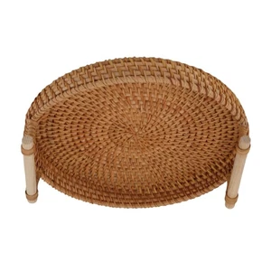Rattan Fruit Tray With Solid Wood Handles Hand Woven Round Serving Tray For Stor - Picture 1 of 12
