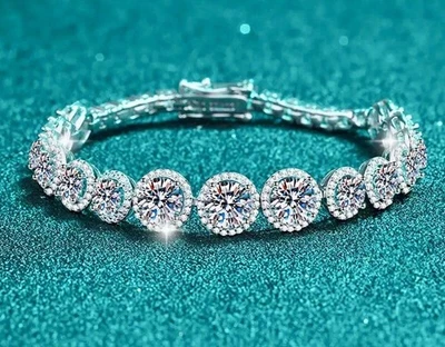 Brazalete de tenis de diamantes cultivados en laboratorio solitario con halo de 10 quilates de oro blanco de 14 quilates de más de 7,5" Foto 1 de 3