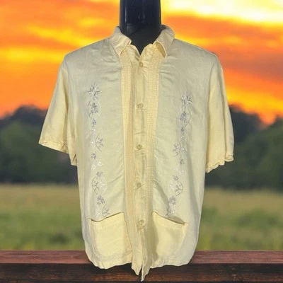 Camisa Havana Co Cubana Lino Bordada Amarilla Manga Corta Campamento Fiesta Hombre’s XL Foto 1 de 4