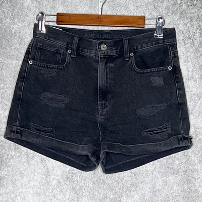 Pantalones cortos American Eagle para mujer desgastados con puños mamá talla 2 denim negro descolorido Foto 1 de 4