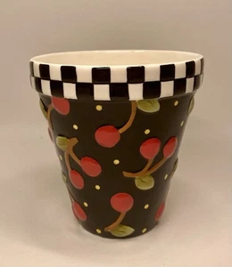 Mary Engelbreit Cherries And Checkered Planter Pot - Picture 1 of 5