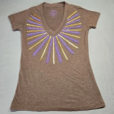 Camisa marrón fósil camiseta con cuentas preppy clásica manga corta cuello en V para mujer talla S Foto 1 de 4