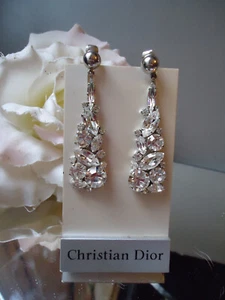 CHRISTIAN DIOR Stunning 2.6" Clear Rhinestone Dangle Earrings Vintage 1960-70s - Picture 1 of 10