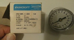 ASHCROFT 20W1005-H-02B-15# PRESSURE GAUGE 2", 1/4" NPT BACK, 0-15 PSI - Picture 1 of 6