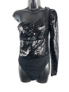 Lulu's Womens Size Small Alluring Ways Black Sequin One-Shoulder Cutout Bodysuit - Picture 1 of 5