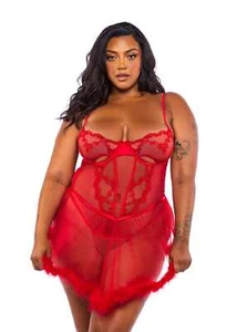 Übergröße rot bestickt Spitze & Satin Babydoll & Tanga Höschen Dessous - Bild 1 von 4
