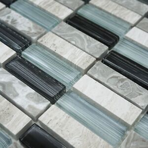Light Blue Glass And Marble Rectangle Mosaic Tiles Sheet 30cm x 30cm