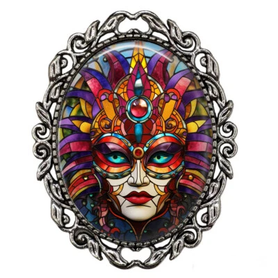 Stained Glass Effect Mardi Gras Jewelry Mask Feathers Beads Decorative Brooch - Image 1 of 4