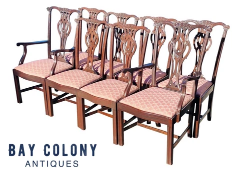20TH C SET OF 8 CHIPPENDALE ANTIQUE STYLE CARVED MAHOGANY DINING CHAIRS Cover