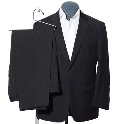 42S Short Pronto Uomo Dark-Gray Worsted Wool 2-Piece Suit 36x29 Trousers Jacket - Image 1 of 4