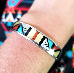 CM BOOQUA Zuni Artist Sterling Silver 5.75" Inlay Bracelet MOP Turquoise Onyx - Picture 1 of 12