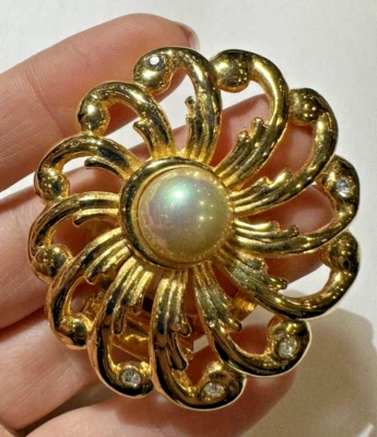 Clip Scarf Vintage In Oro Massiccio A Spirale Con Fiori In Strass E Perle - Immagine 1 di 4