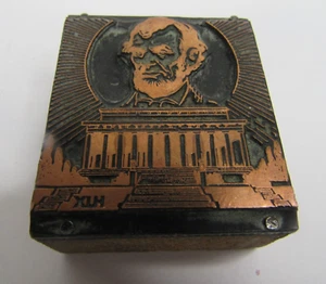 Vtg Newpaper Copper Printing Block Plate Abraham Lincoln & Memorial Wood Back - Picture 1 of 3